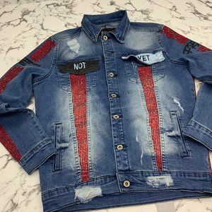 Men's Fashion Red Rhinestones Performance Blue Denim Jacket